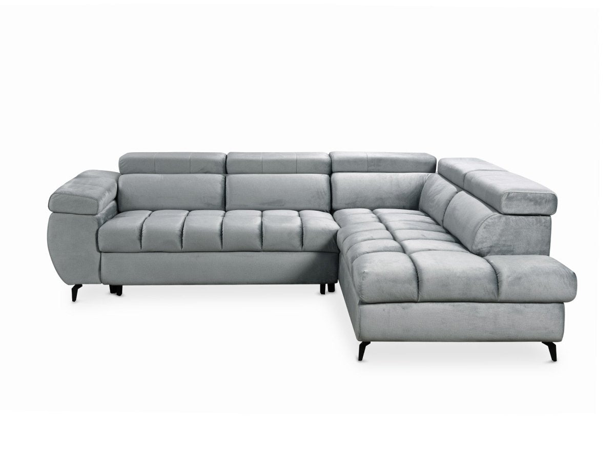 Canapé d'angle convertible matelassé avec coffre en velours gris LUCIANO - Angle droit - DécoInParis