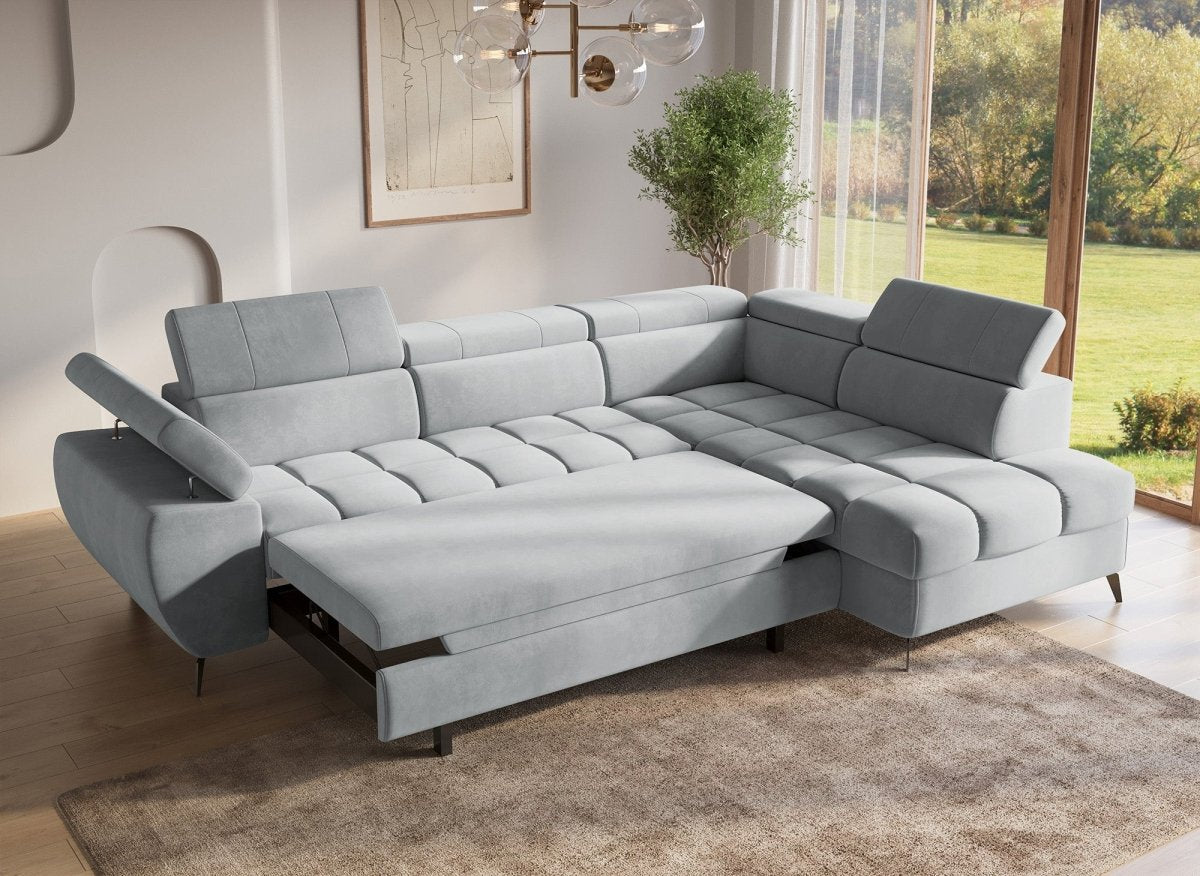 Canapé d'angle convertible matelassé avec coffre en velours gris LUCIANO - Angle droit - DécoInParis