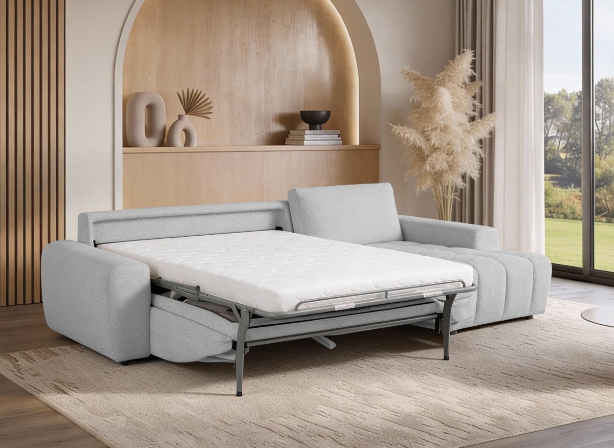 Canapé d'angle convertible ouverture express en tissu gris AGATHE - Angle droit - DécoInParis