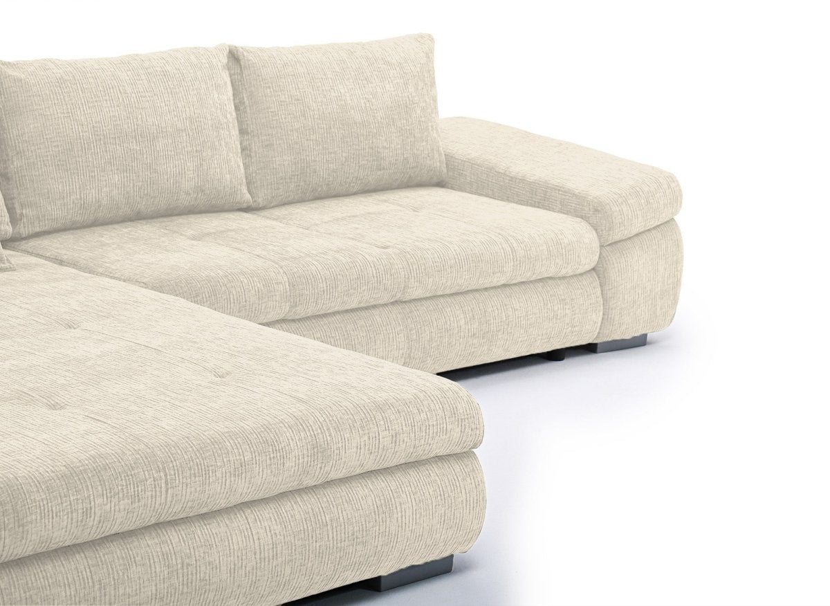 Canapé d'angle convertible réversible avec coffre en velours chiné beige SOLEA - DécoInParis