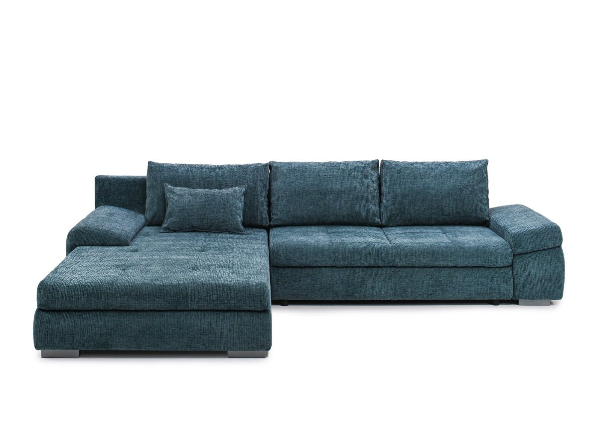 Canapé d'angle convertible réversible avec coffre en velours chiné bleu pétrole SOLEA - DécoInParis