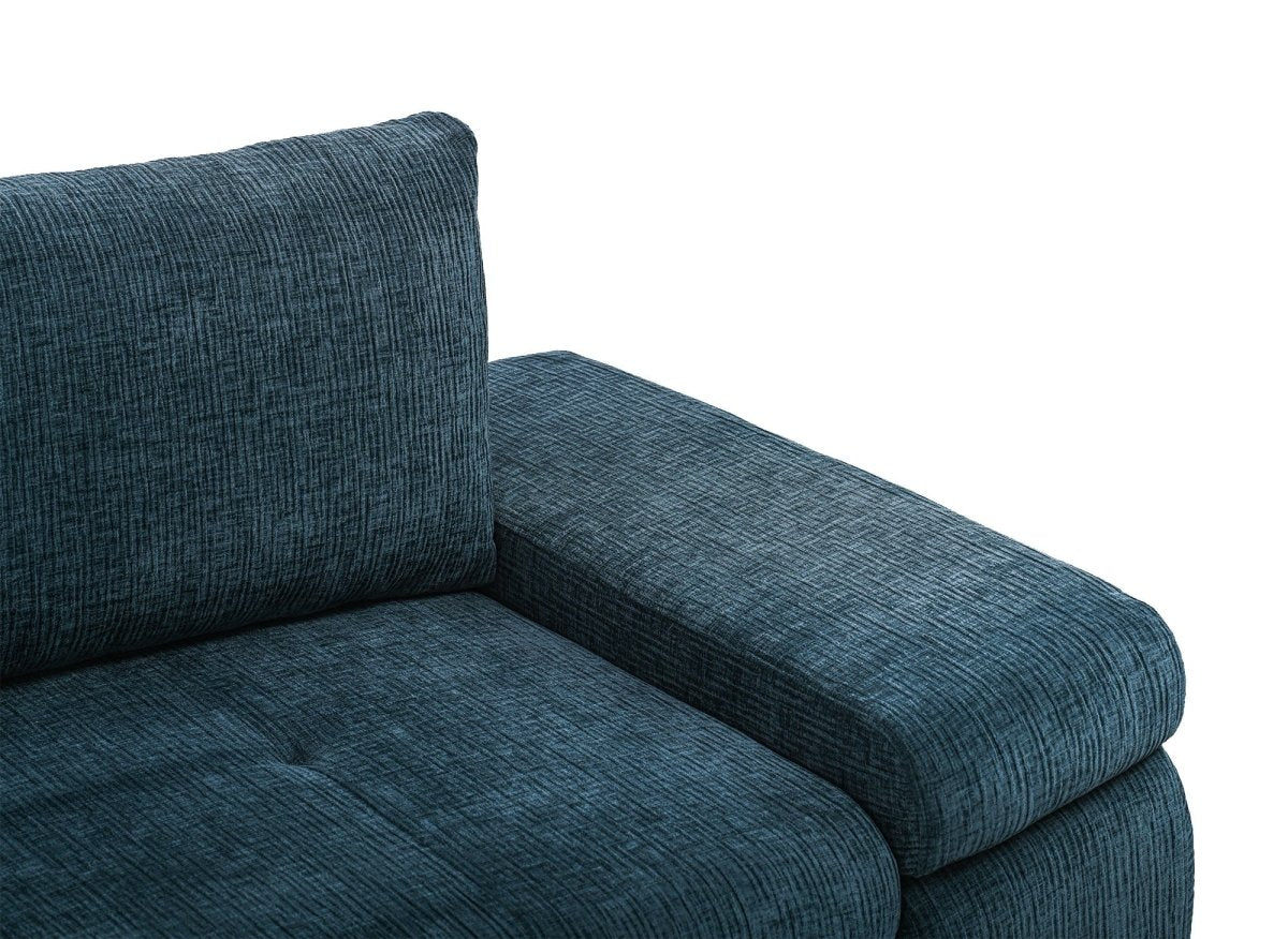 Canapé d'angle convertible réversible avec coffre en velours chiné bleu pétrole SOLEA - DécoInParis