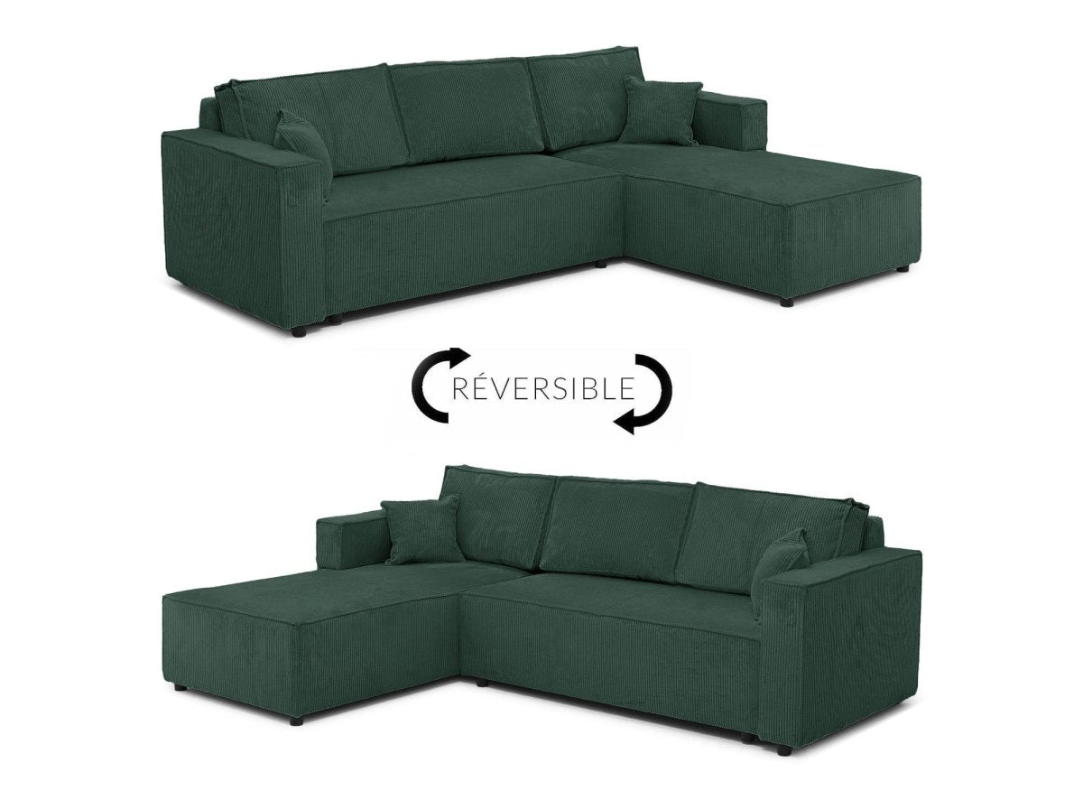 Canapé d'angle convertible réversible avec coffre en velours côtelé vert SYNA - DécoInParis