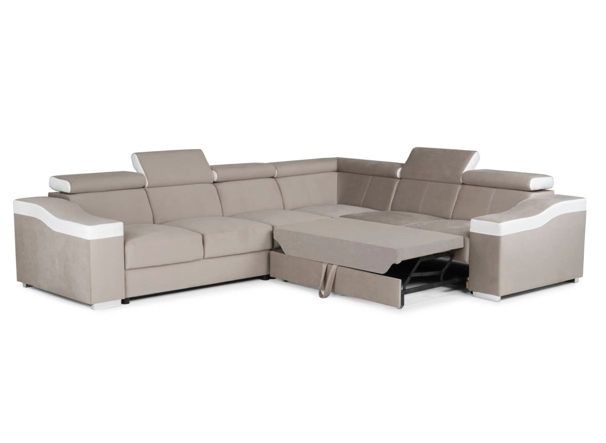 Canapé d'angle convertible réversible en velours beige et simili cuir blanc LEONIE - DécoInParis