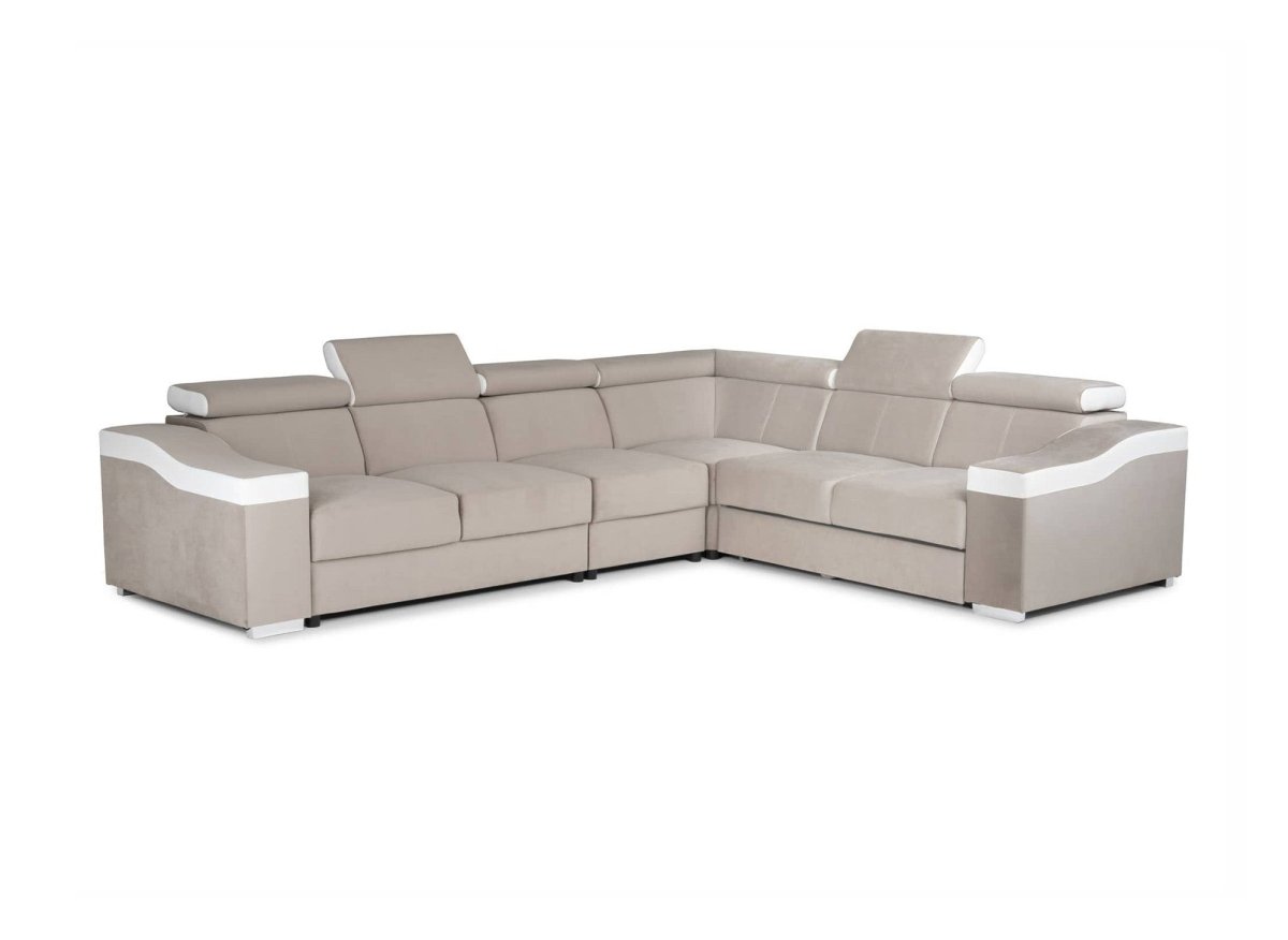 Canapé d'angle convertible réversible en velours beige et simili cuir blanc LEONIE - DécoInParis