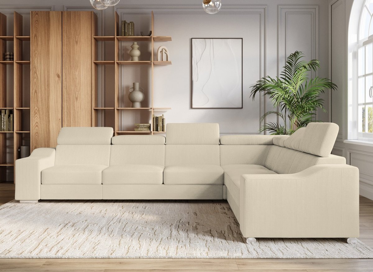 Canapé d'angle convertible réversible en velours côtelé beige LEONIE - DécoInParis