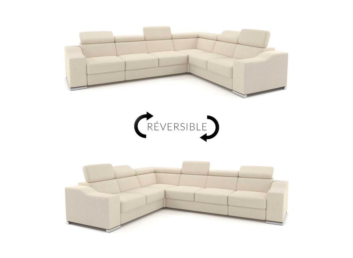 Canapé d'angle convertible réversible en velours côtelé beige LEONIE - DécoInParis