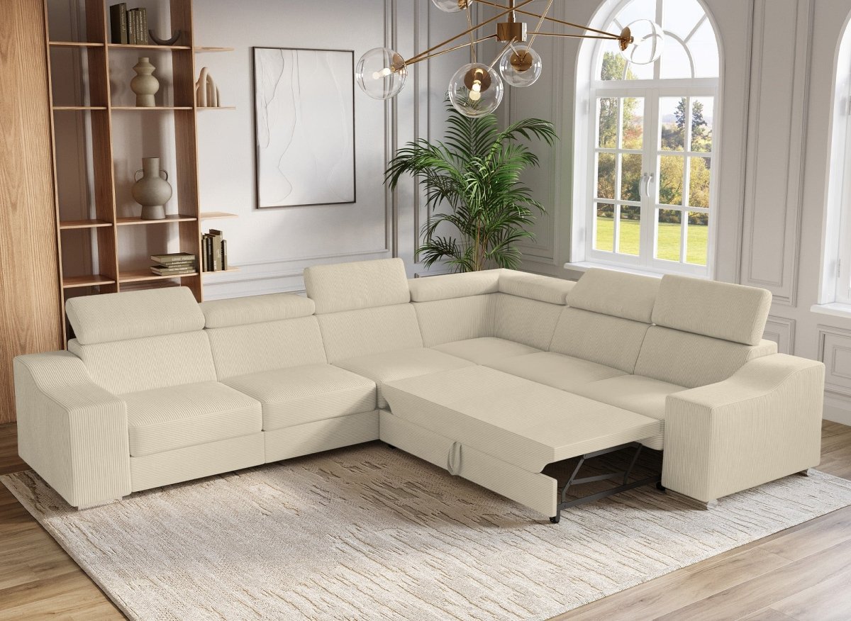 Canapé d'angle convertible réversible en velours côtelé beige LEONIE - DécoInParis