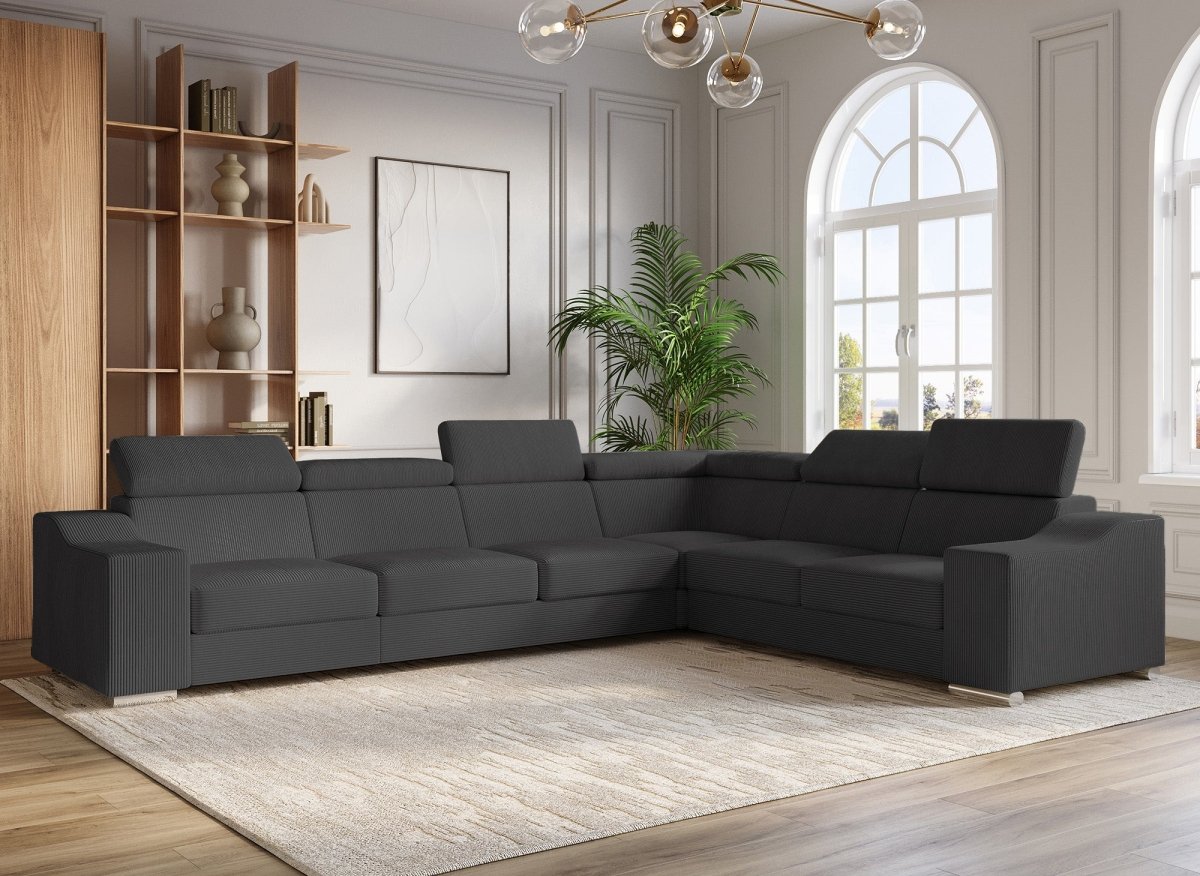 Canapé d'angle convertible réversible en velours côtelé gris anthracite LEONIE - DécoInParis