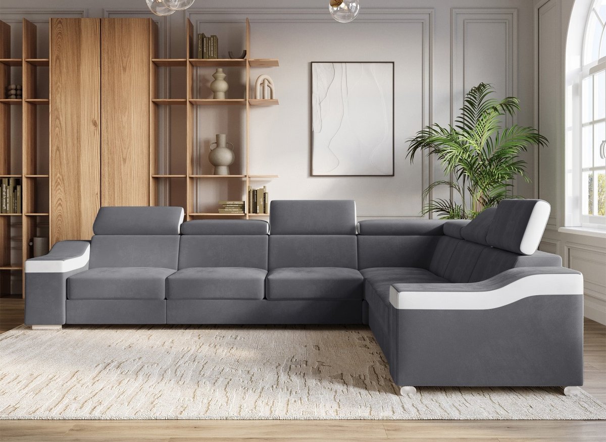Canapé d'angle convertible réversible en velours gris et simili cuir blanc LEONIE - DécoInParis