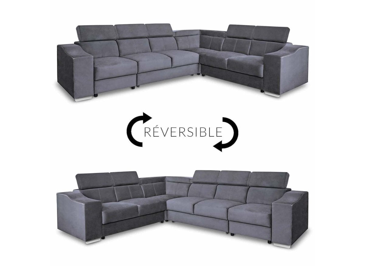 Canapé d'angle convertible réversible en velours gris LEONIE - DécoInParis