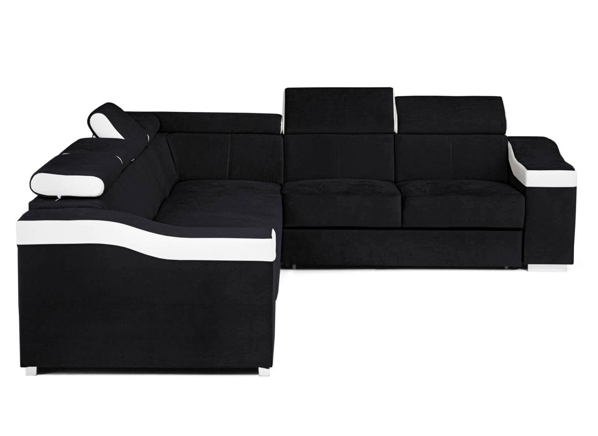 Canapé d'angle convertible réversible en velours noir et simili blanc LEONIE - DécoInParis