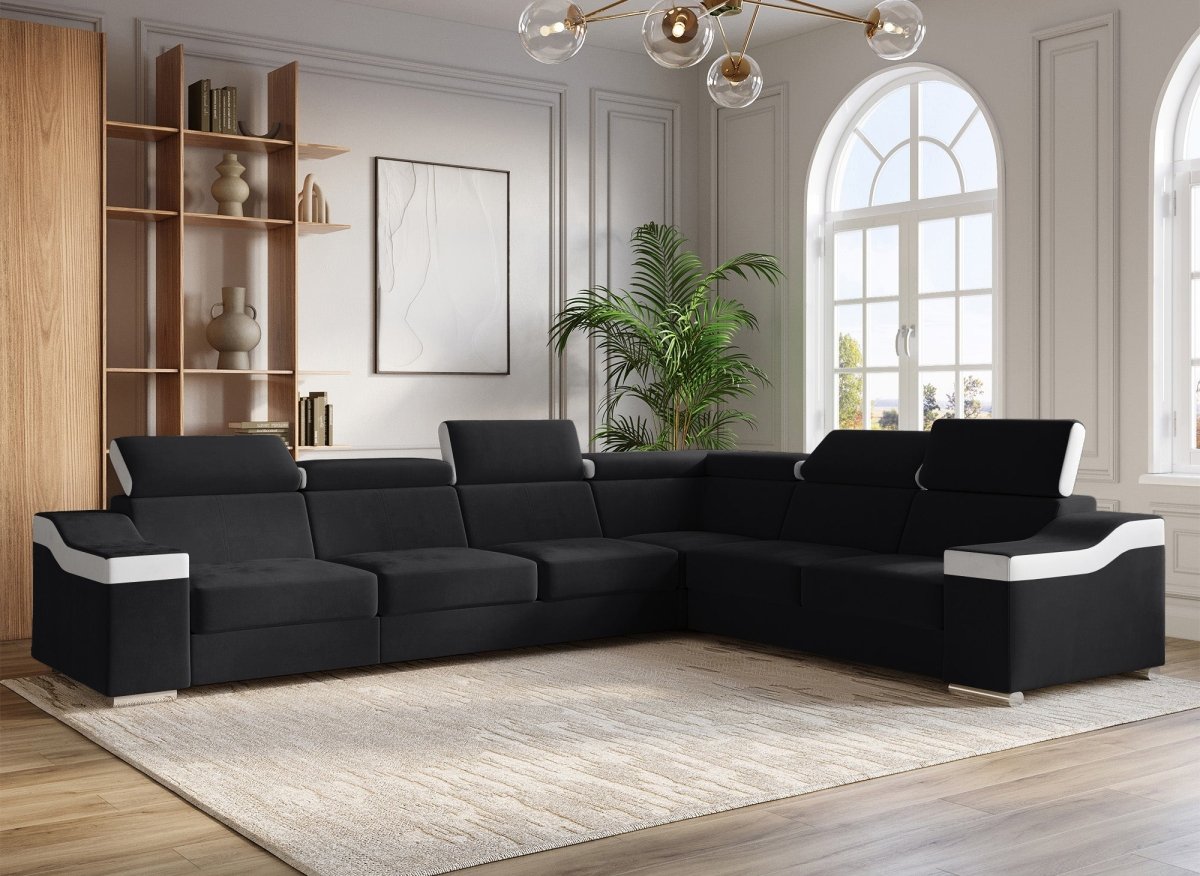 Canapé d'angle convertible réversible en velours noir et simili blanc LEONIE - DécoInParis