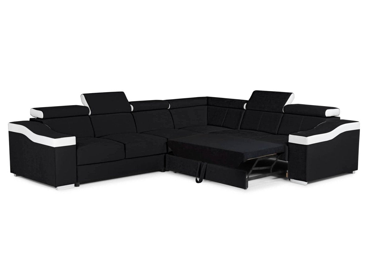 Canapé d'angle convertible réversible en velours noir et simili blanc LEONIE - DécoInParis