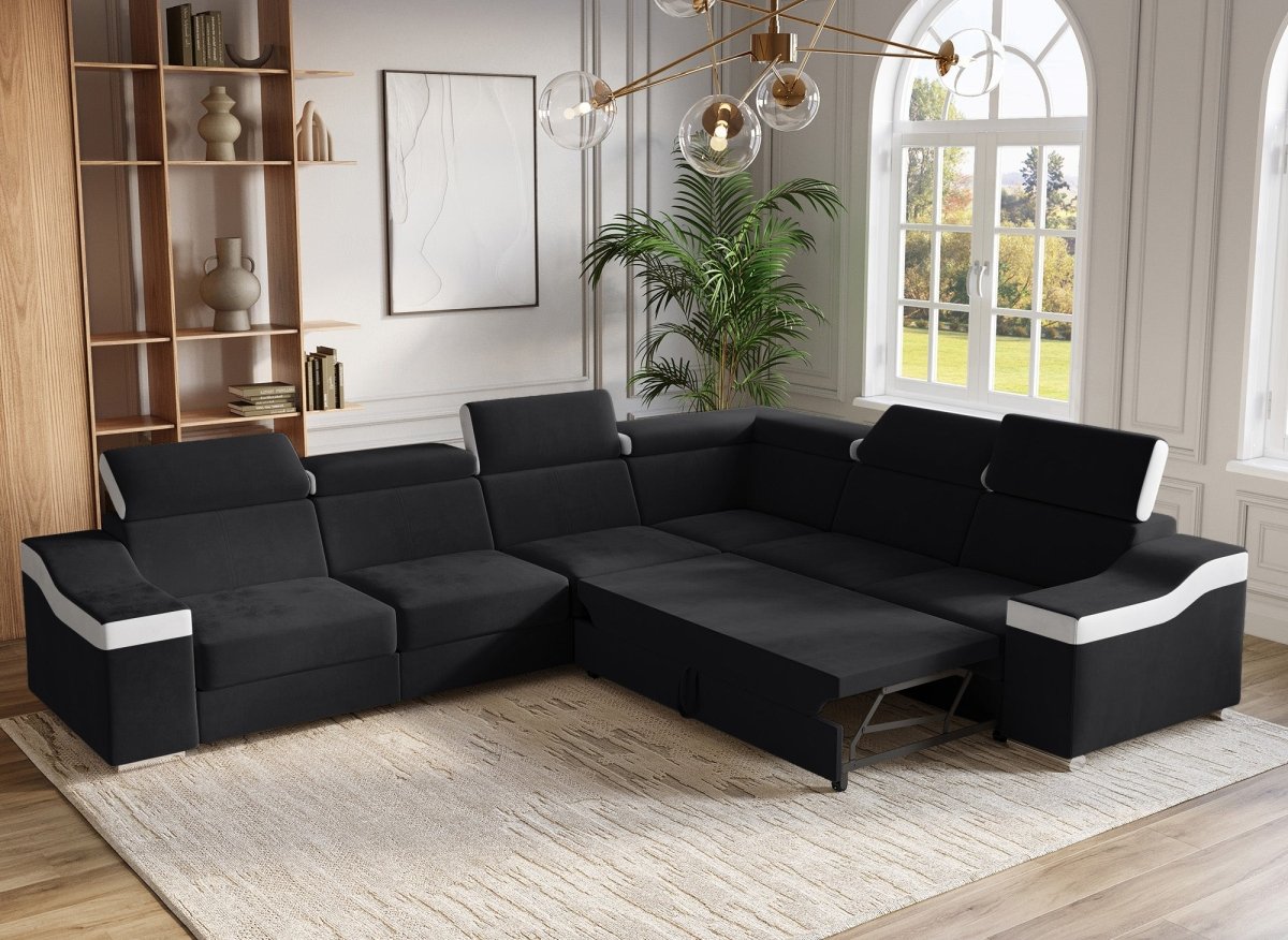 Canapé d'angle convertible réversible en velours noir et simili blanc LEONIE - DécoInParis