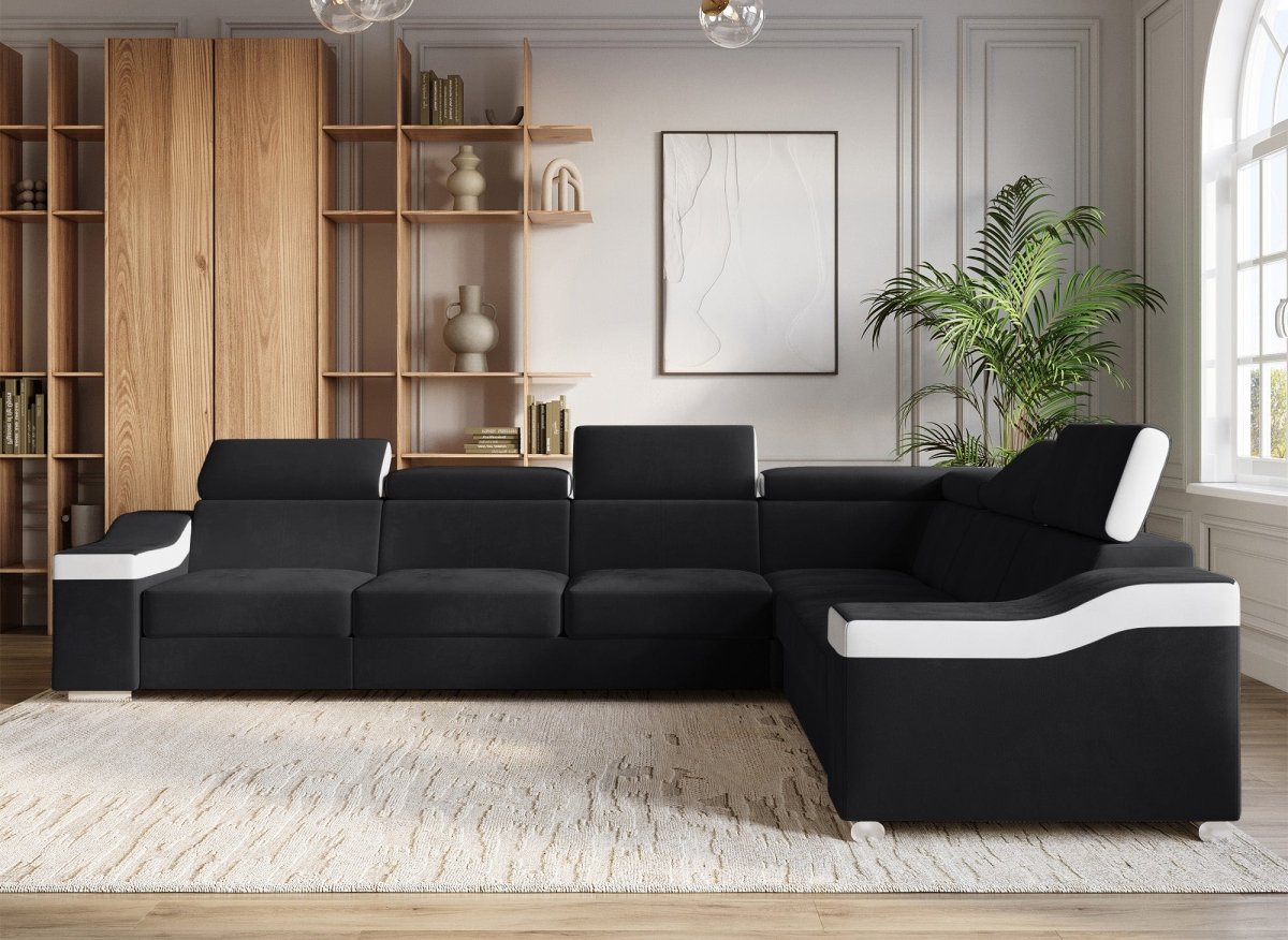 Canapé d'angle convertible réversible en velours noir et simili blanc LEONIE - DécoInParis