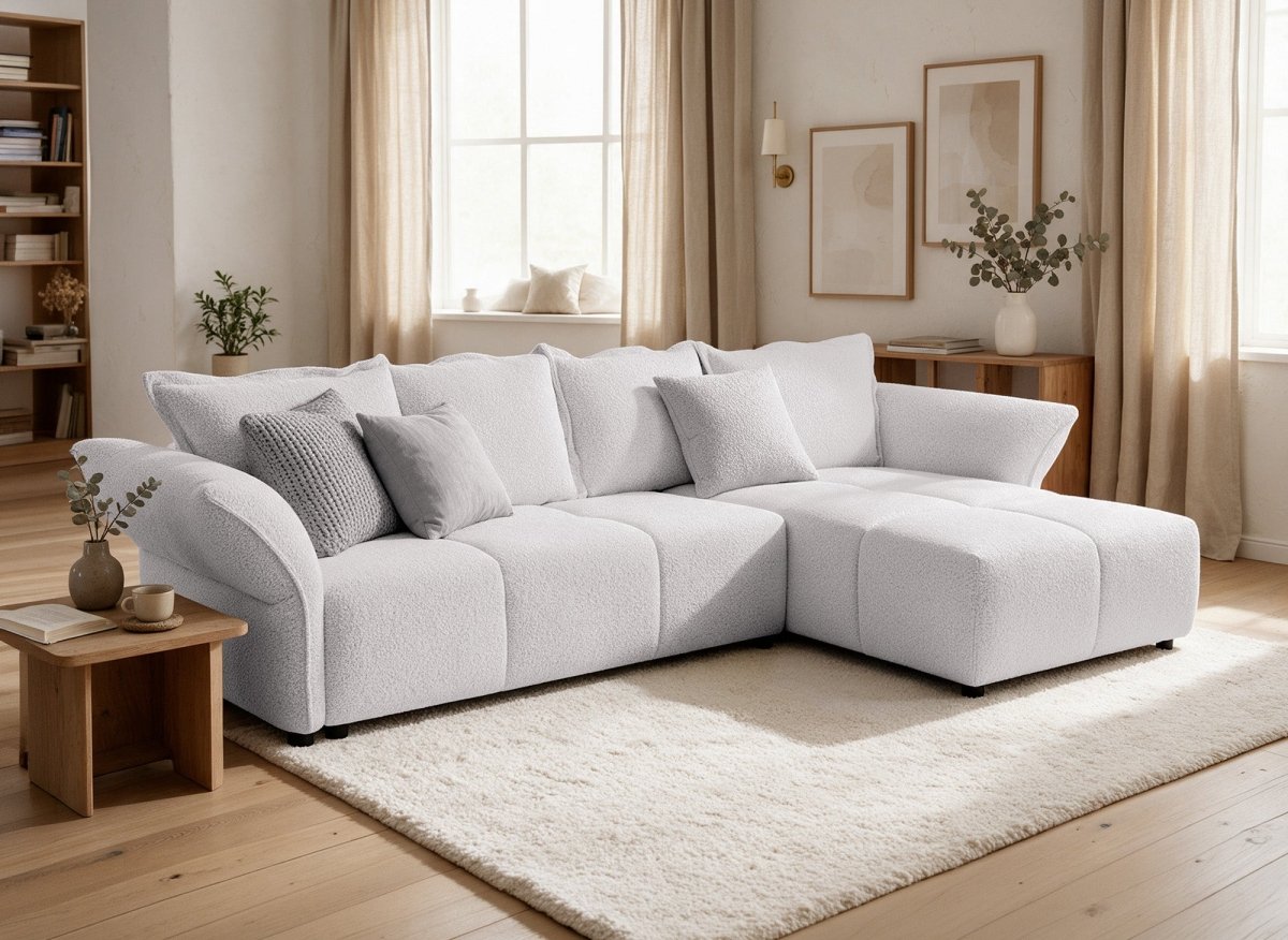 Canapé d'angle convertible réversible en velours tissé beige BELINE - DécoInParis
