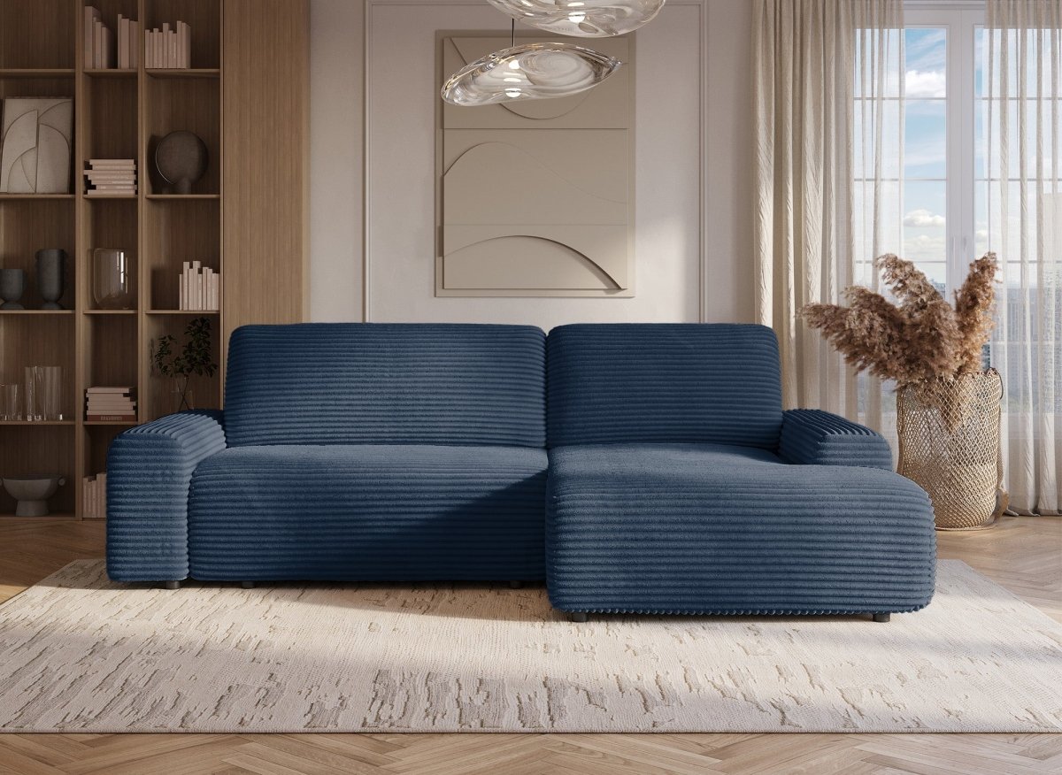 Canapé d'angle droit convertible avec coffre en velours côtelé épais bleu foncé BALI - Angle droit - DécoInParis