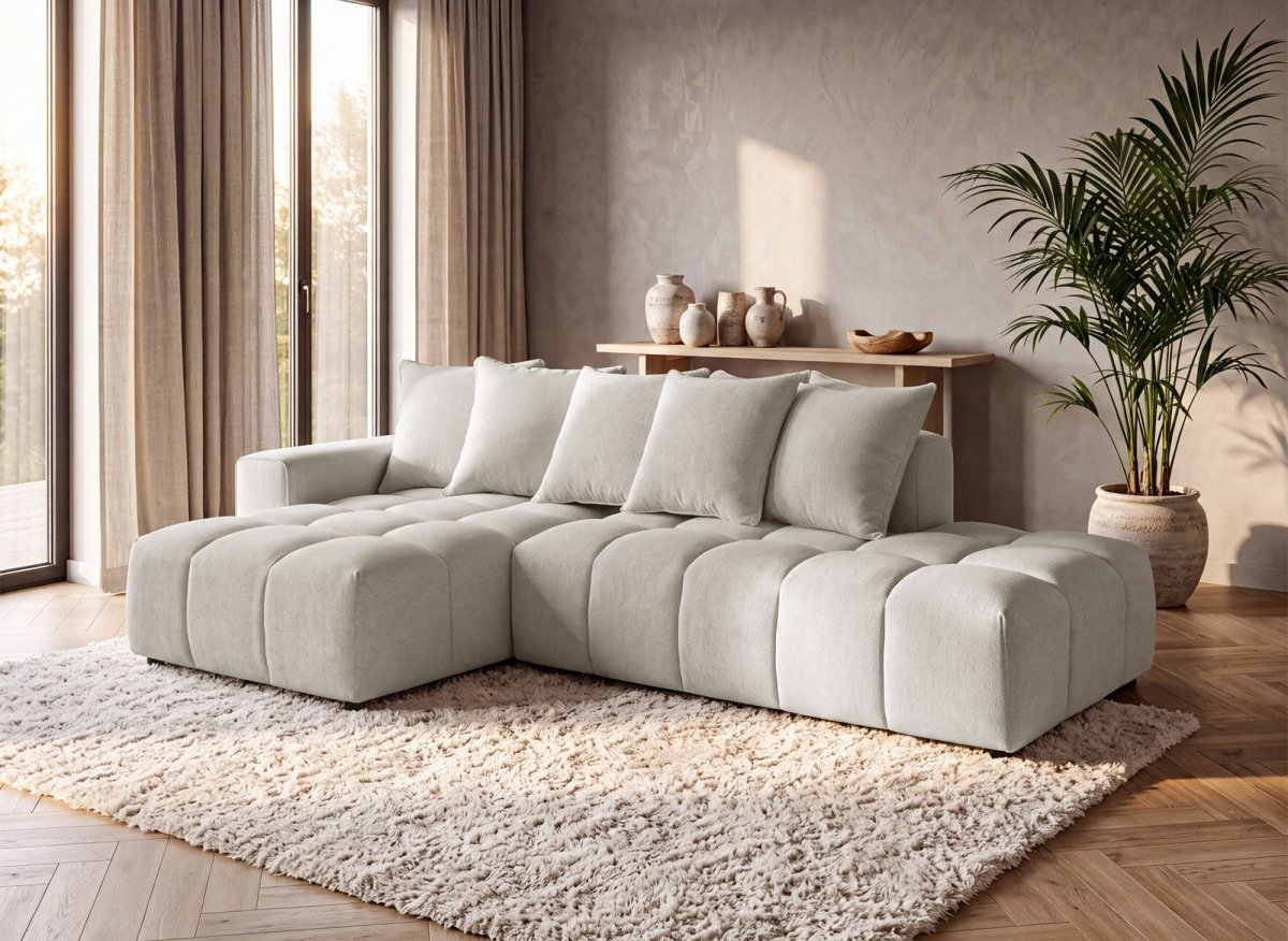 Canapé d'angle en tissu texturé beige CLARISSE - Angle gauche - DécoInParis