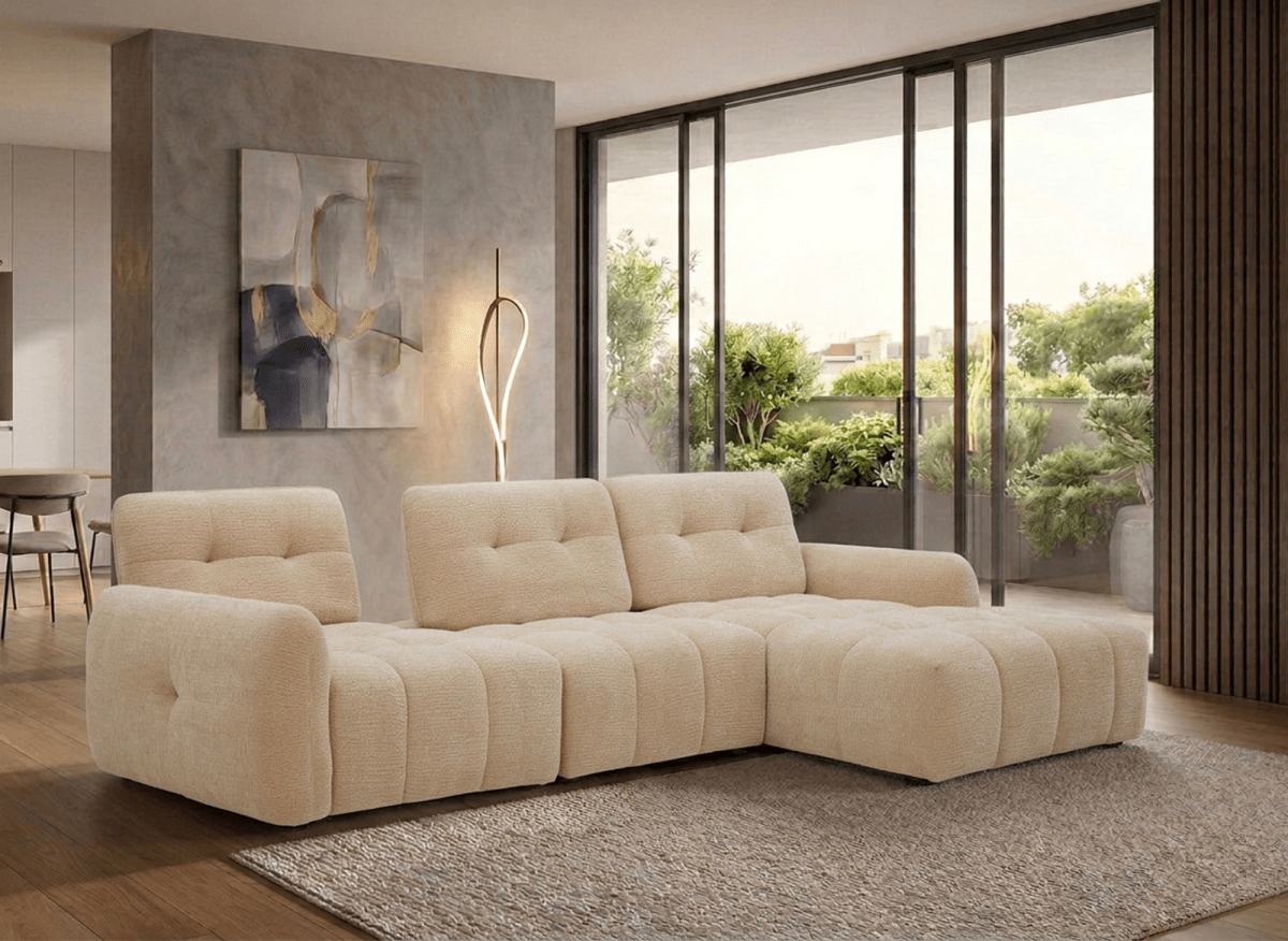 Canapé d'angle en velours tissé beige avec dossier réglable ADONIS - Angle droit - DécoInParis