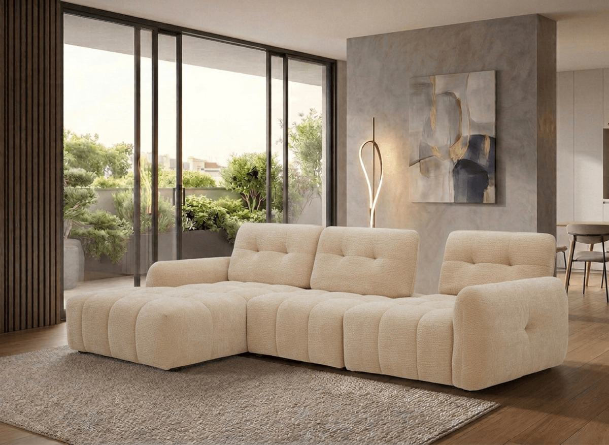 Canapé d'angle en velours tissé beige avec dossier réglable ADONIS - Angle gauche - DécoInParis