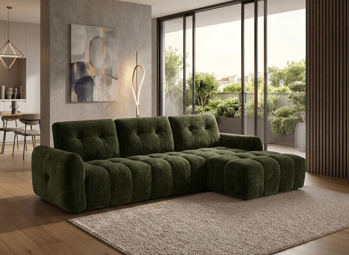 Canapé d'angle en velours tissé vert olive avec dossier réglable ADONIS - Angle droit - DécoInParis