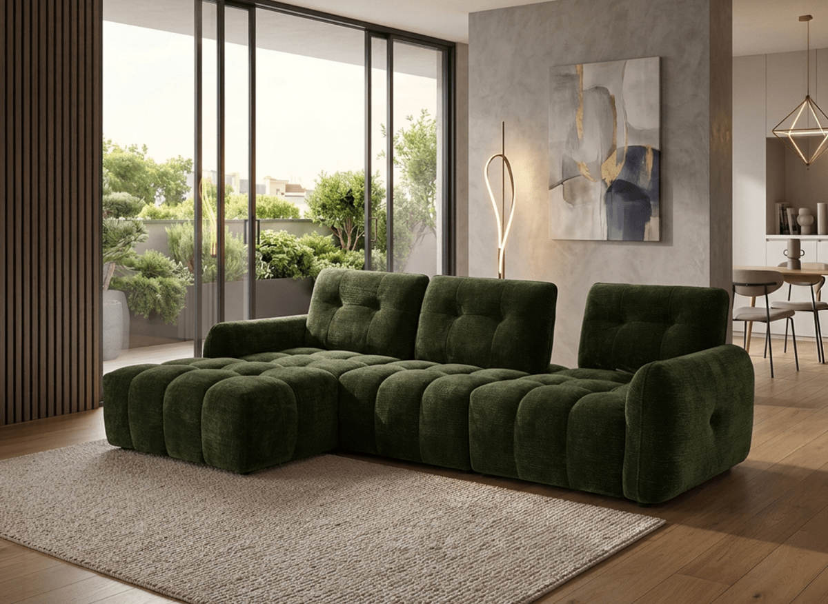 Canapé d'angle en velours tissé vert olive avec dossier réglable ADONIS - Angle gauche - DécoInParis