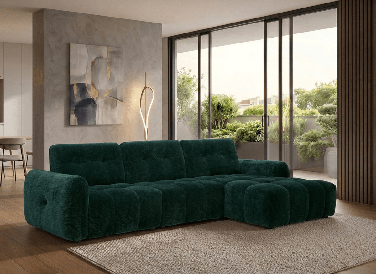 Canapé d'angle en velours tissé vert sapin avec dossier réglable ADONIS - Angle droit - DécoInParis