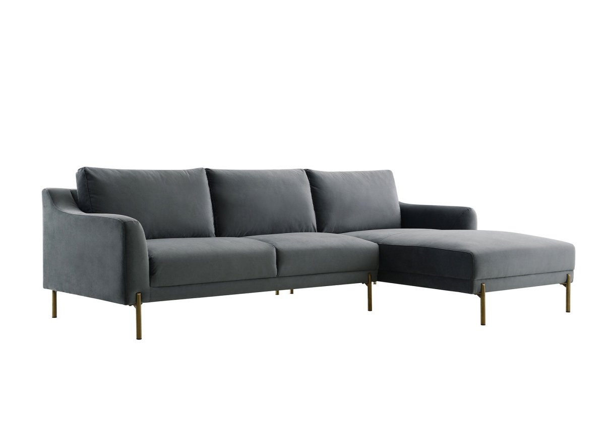 Canapé d'angle fixe avec méridienne en velours gris CELINE - Angle Droit - DécoInParis