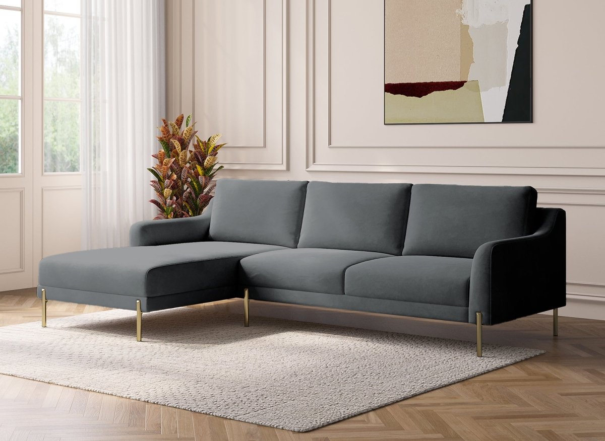 Canapé d'angle fixe avec méridienne en velours gris CELINE - Angle Gauche - DécoInParis