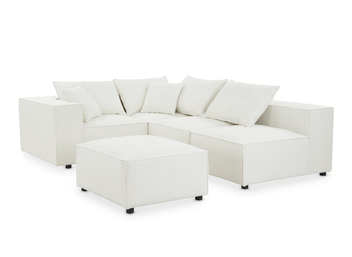 Canapé d'angle fixe modulable avec 1 pouf en tissu effet peau de mouton blanc écru HARLEM XL - DécoInParis