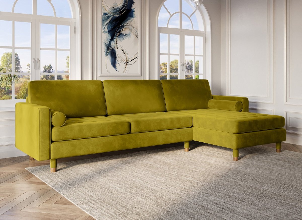 Canapé d'angle fixe scandinave en velours vert doré SALAMBO - Angle Droit - DécoInParis