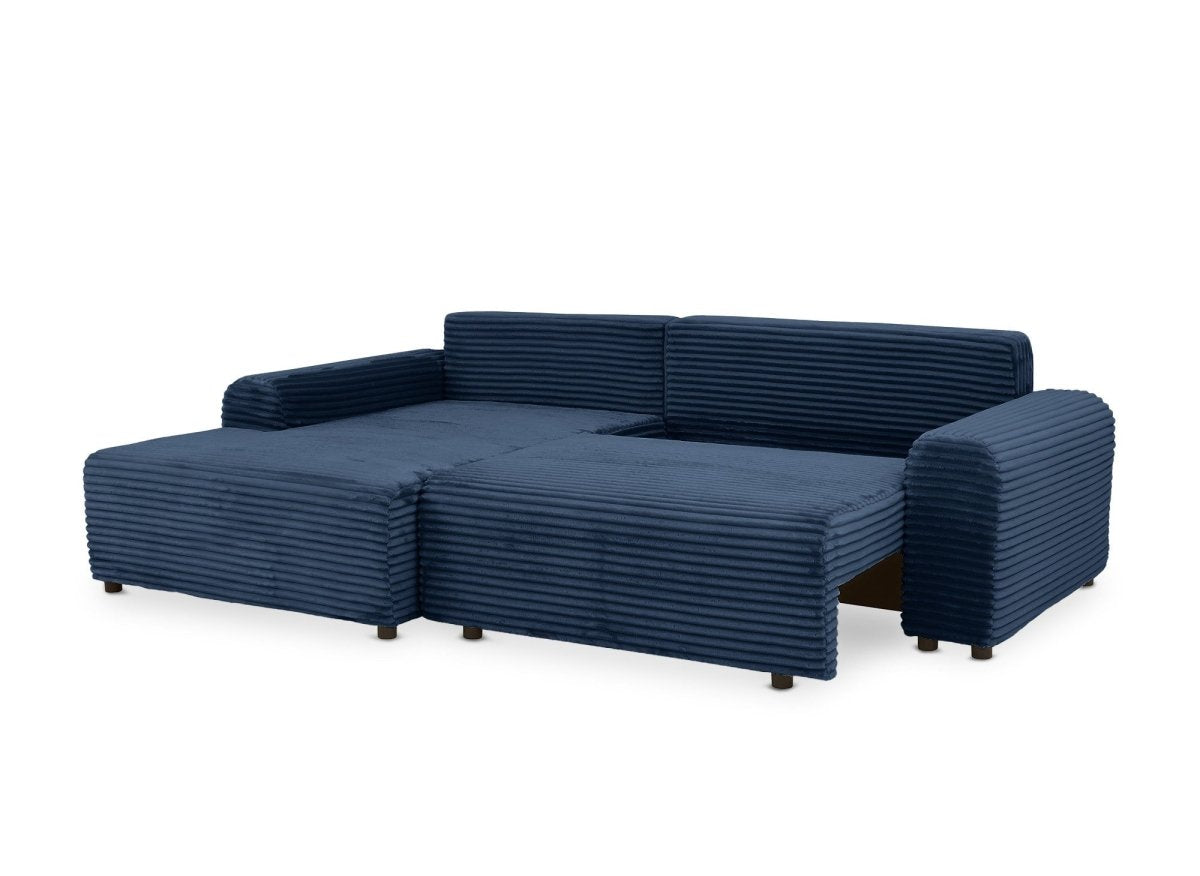 Canapé d'angle gauche convertible avec coffre en velours côtelé épais bleu foncé BALI - Angle gauche - DécoInParis