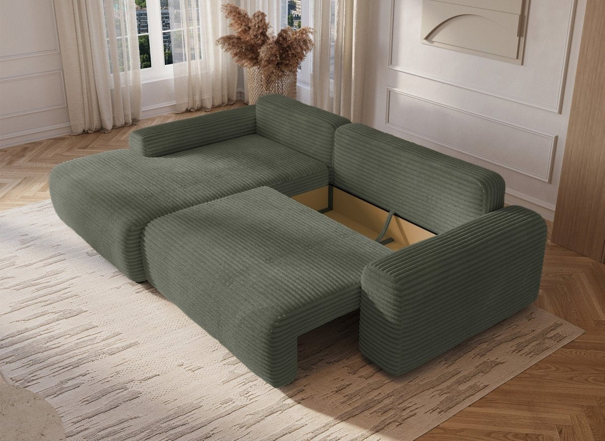 Canapé d'angle gauche convertible avec coffre en velours côtelé épais vert kaki BALI - Angle gauche - DécoInParis
