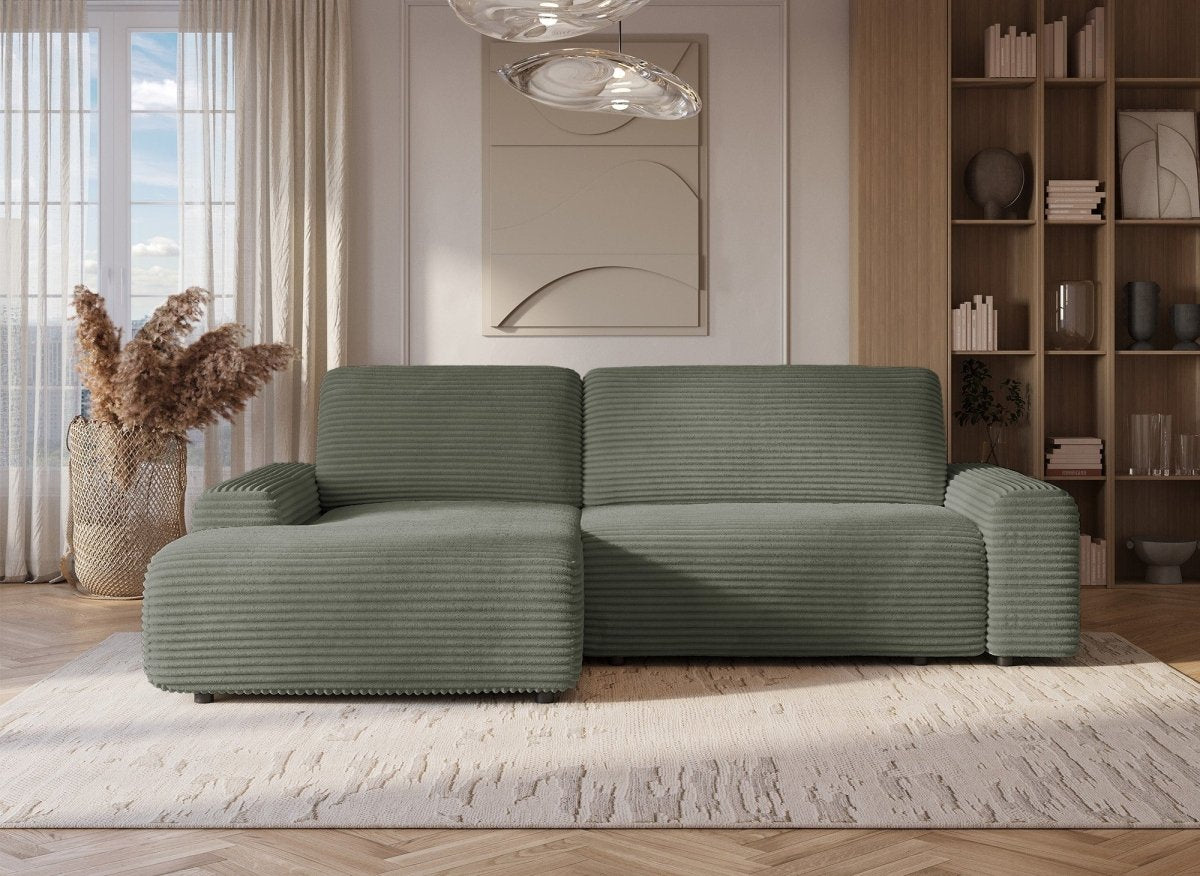 Canapé d'angle gauche convertible avec coffre en velours côtelé épais vert kaki BALI - Angle gauche - DécoInParis