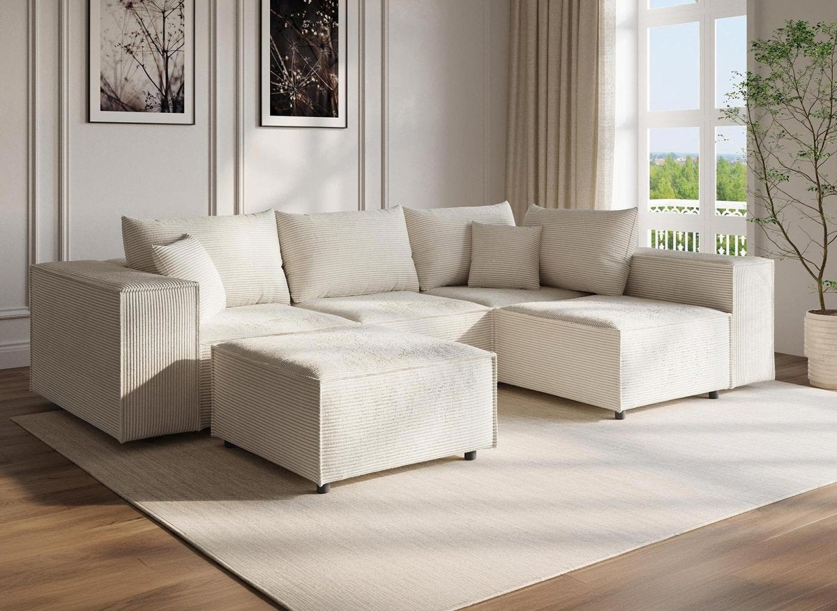Canapé d'angle modulable avec 1 pouf en velours côtelé épais beige HARLEM XL - DécoInParis