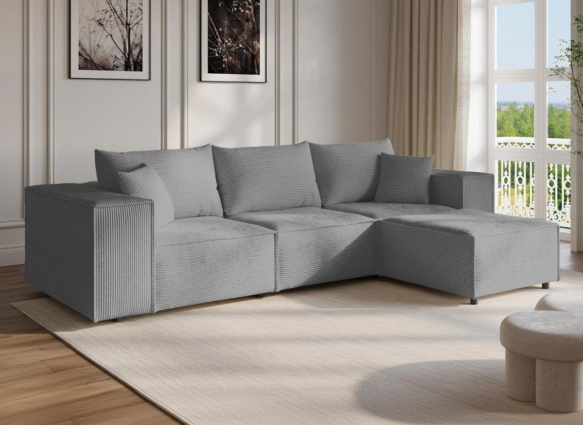 Canapé d'angle modulable en velours côtelé épais gris HARLEM - DécoInParis