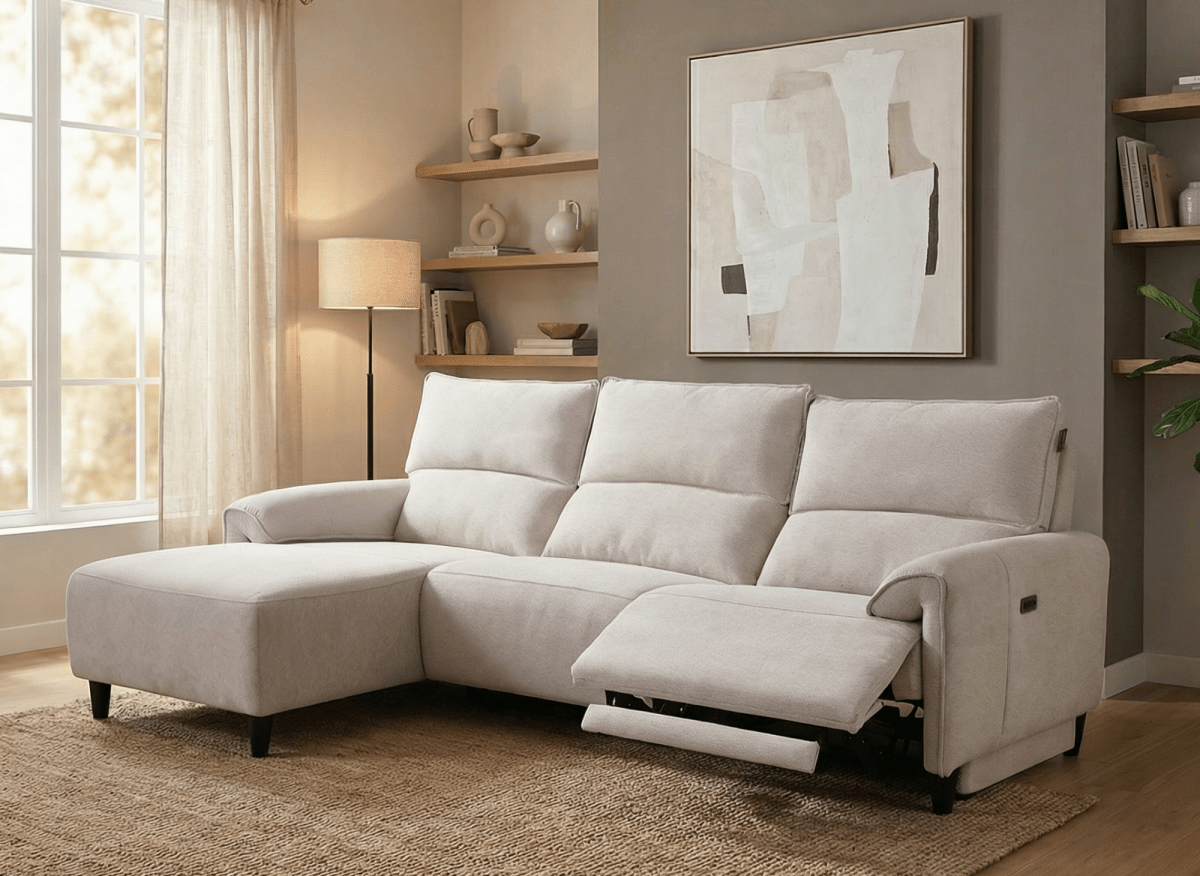 Canapé d’angle relax électrique en tissu beige LUDMILA - Angle gauche - DécoInParis