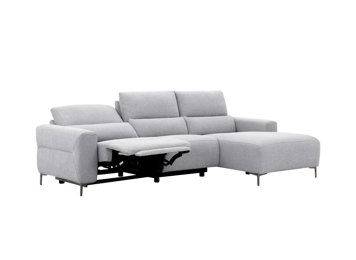 Canapé d'angle relax électrique en tissu gris clair RAFAELA - Angle droit - DécoInParis