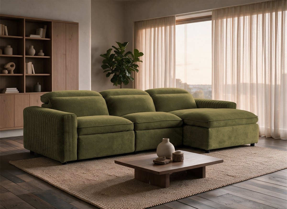 Canapé d'angle relax électrique en tissu vert olive ORELIA - Angle droit - DécoInParis