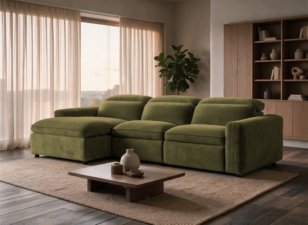 Canapé d'angle relax électrique en tissu vert olive ORELIA - Angle gauche - DécoInParis