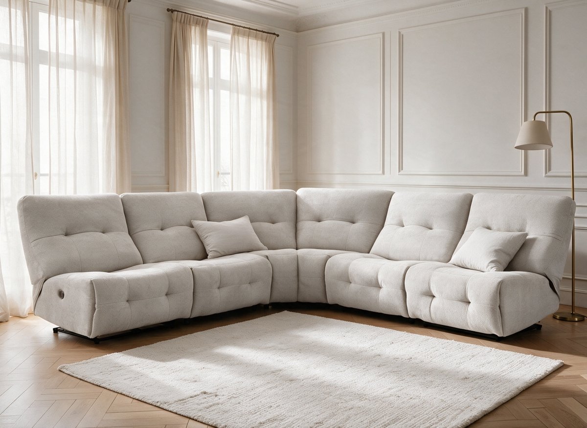 Canapé d'angle relax électrique en velours chiné beige PALMIRE - DécoInParis