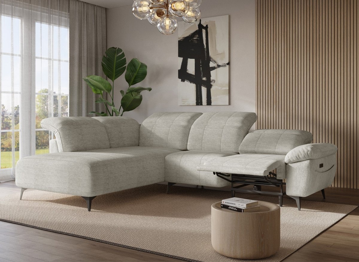 Canapé d'angle relax électrique en velours chiné beige SOLINA - Angle gauche - DécoInParis