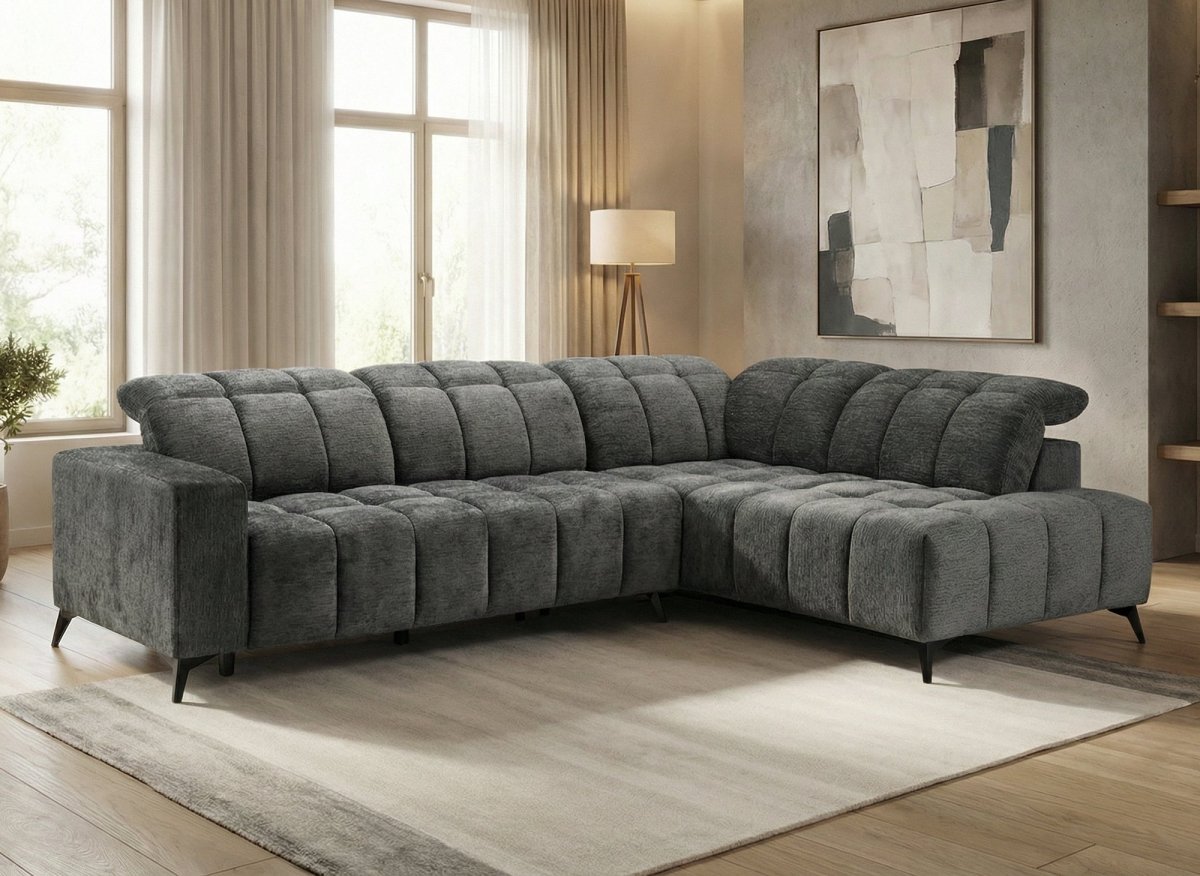 Canapé d'angle relax électrique en velours chiné gris ALVAR - Angle droit - DécoInParis