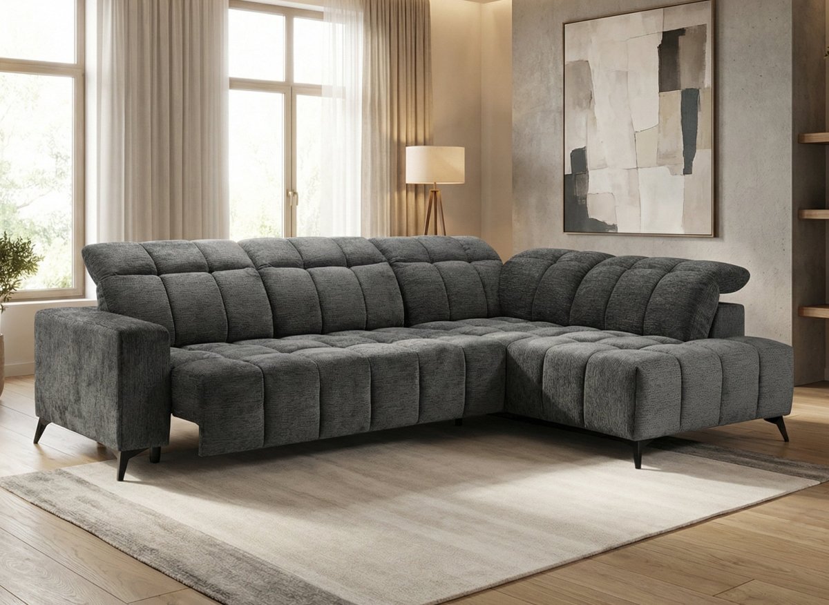 Canapé d'angle relax électrique en velours chiné gris ALVAR - Angle droit - DécoInParis