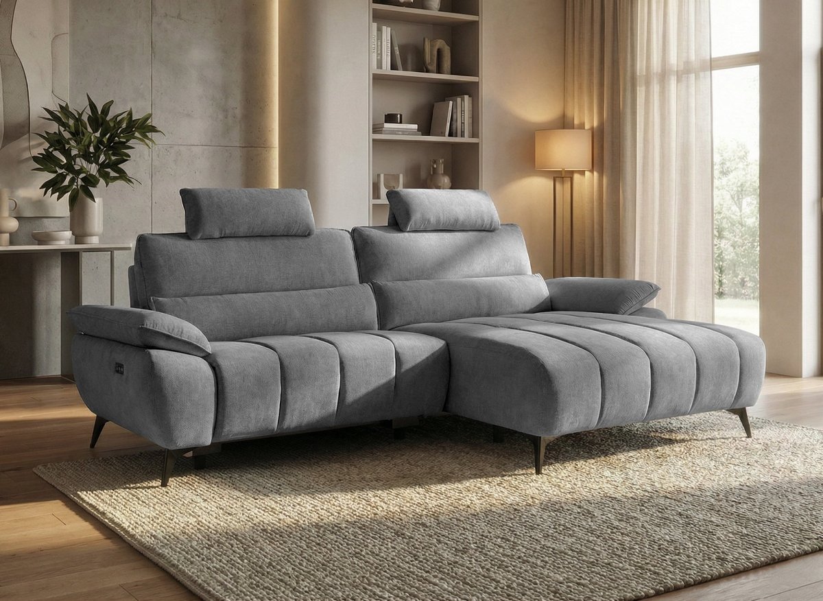 Canapé d’angle relax électrique en velours chiné gris LYANA - Angle droit - DécoInParis