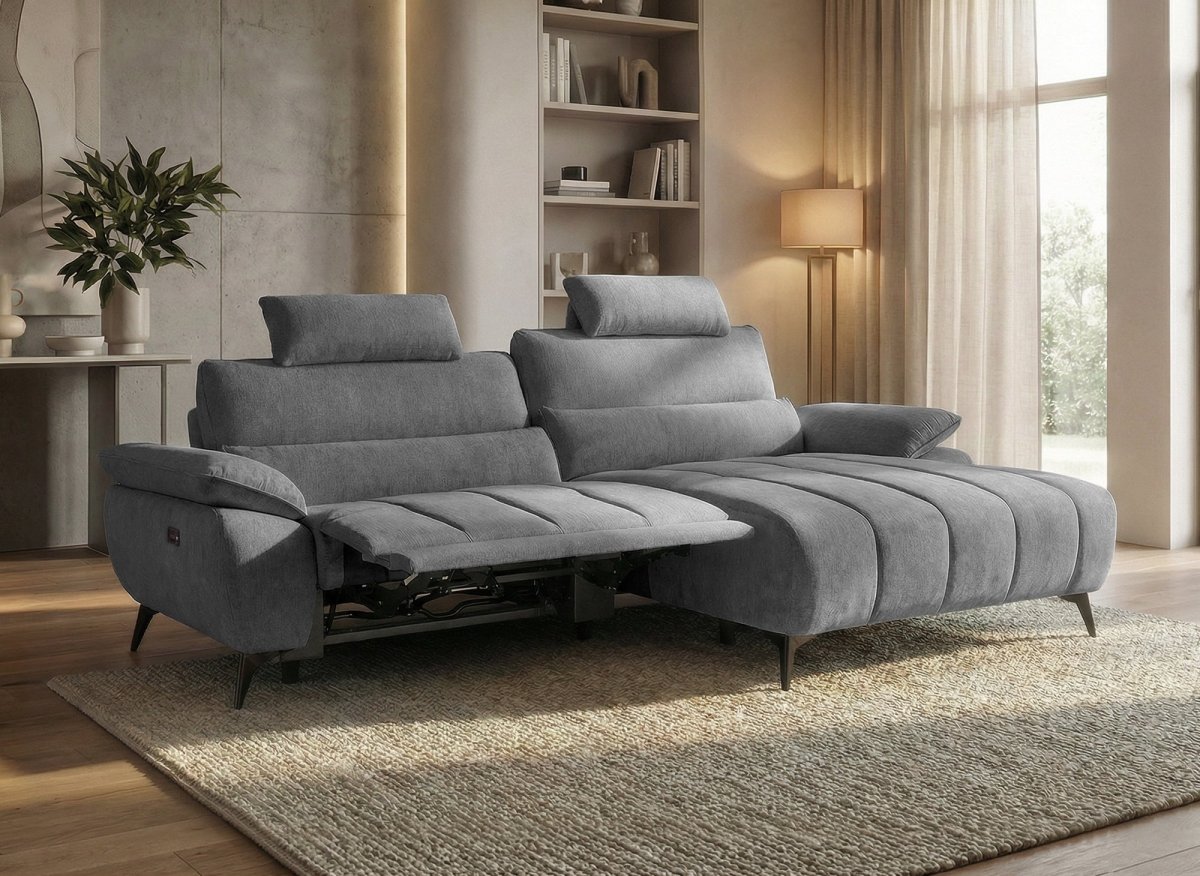 Canapé d’angle relax électrique en velours chiné gris LYANA - Angle droit - DécoInParis