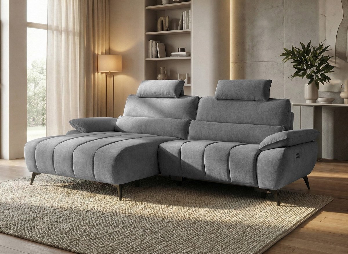 Canapé d’angle relax électrique en velours chiné gris LYANA - Angle gauche - DécoInParis