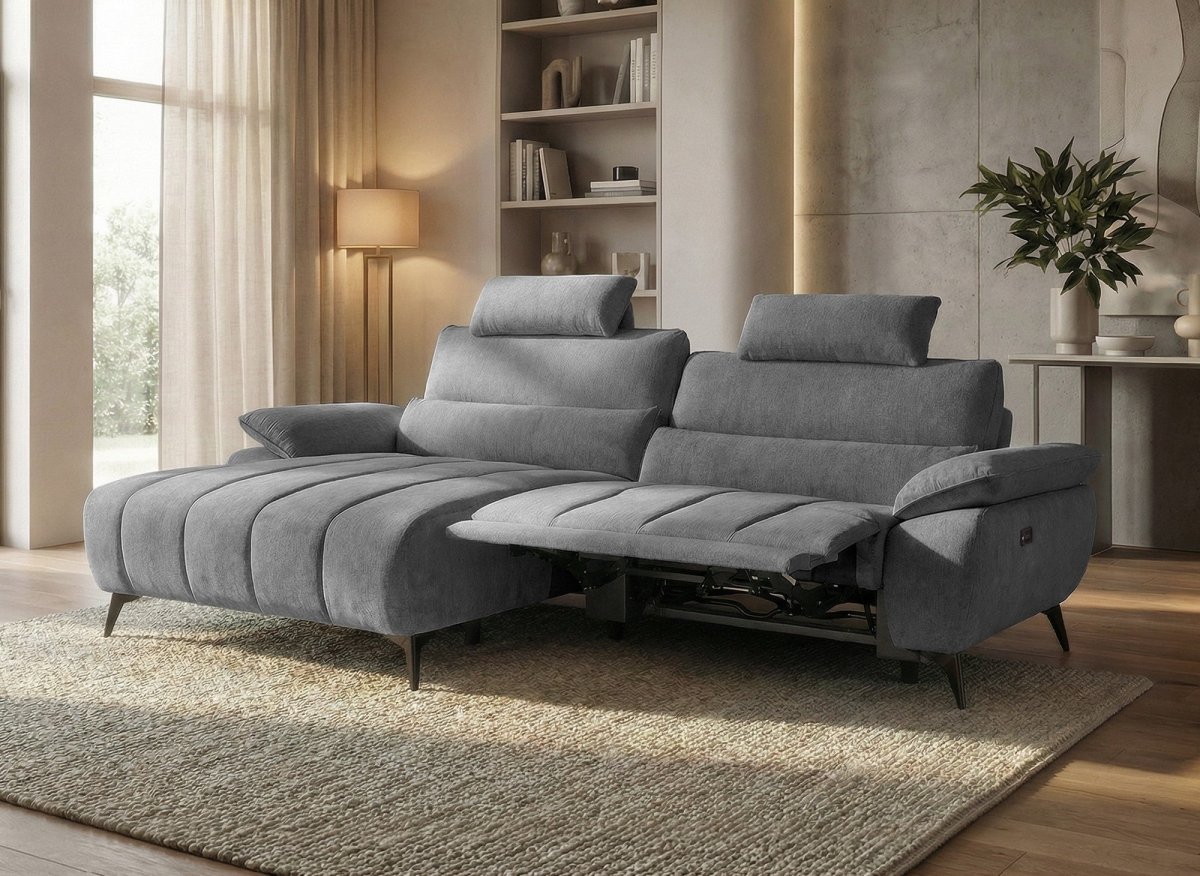 Canapé d’angle relax électrique en velours chiné gris LYANA - Angle gauche - DécoInParis