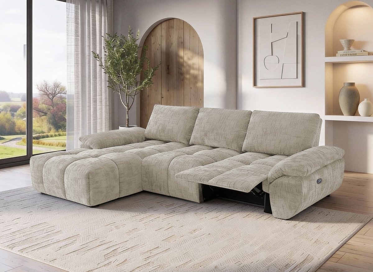 Canapé d’angle relax électrique en velours chiné taupe ALPES - Angle gauche - DécoInParis